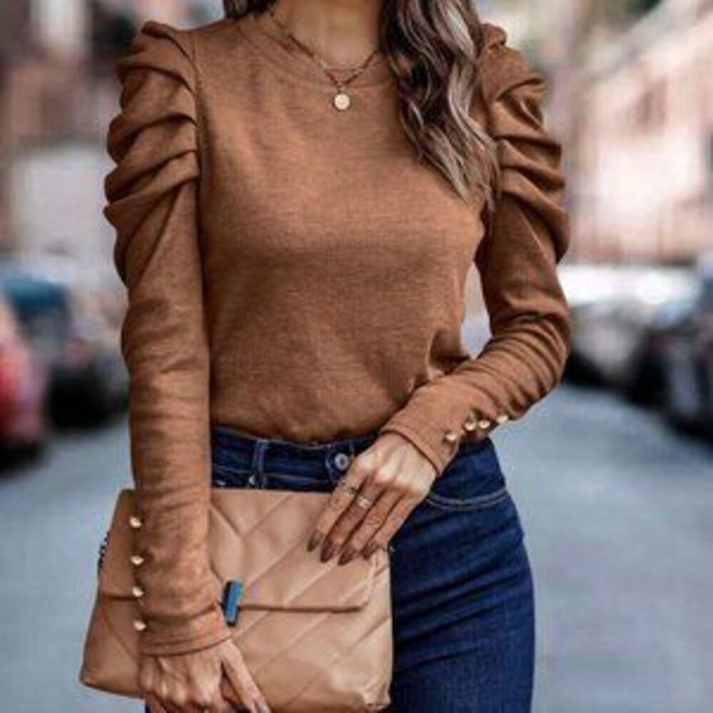 caramel brown Casual Women's Gigot Sleeve long sleeve top - Picture 1 of 5